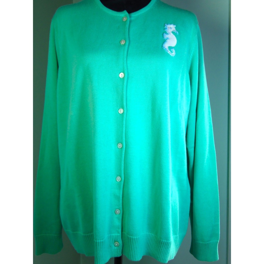 Land's End Aqua Cardigan w/SeaHorse Embelllishment Academia Coastal Granny